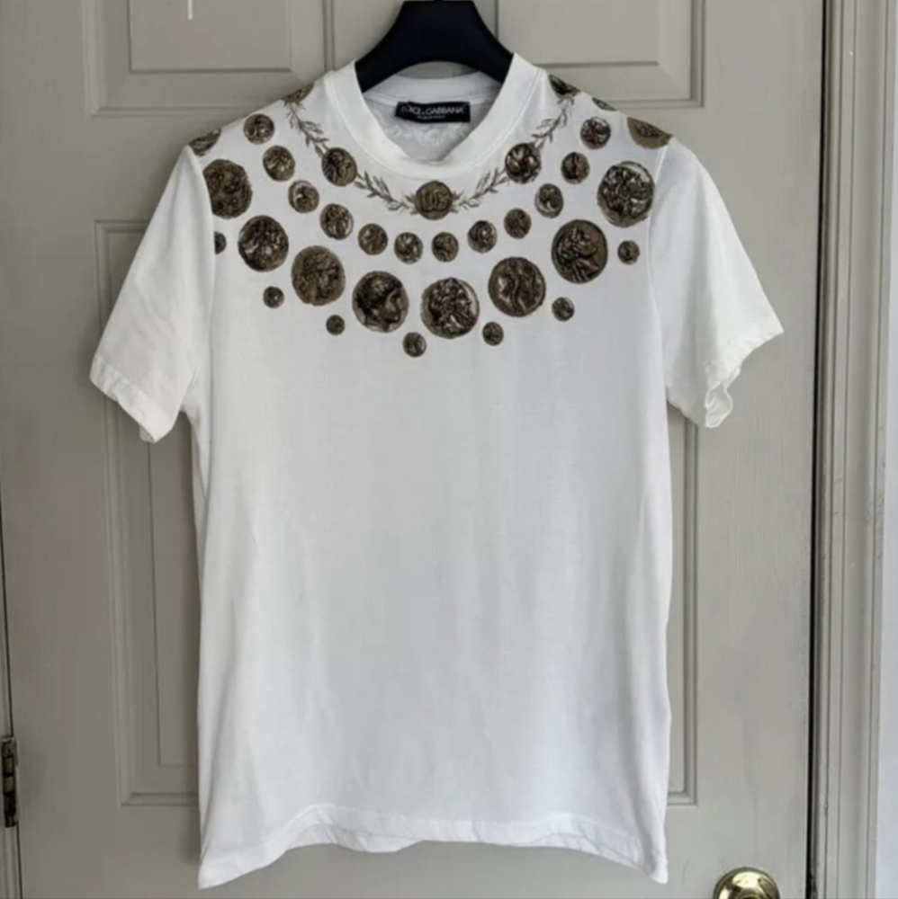 Dolce & Gabbana White T-Shirt with Gold Coin Print